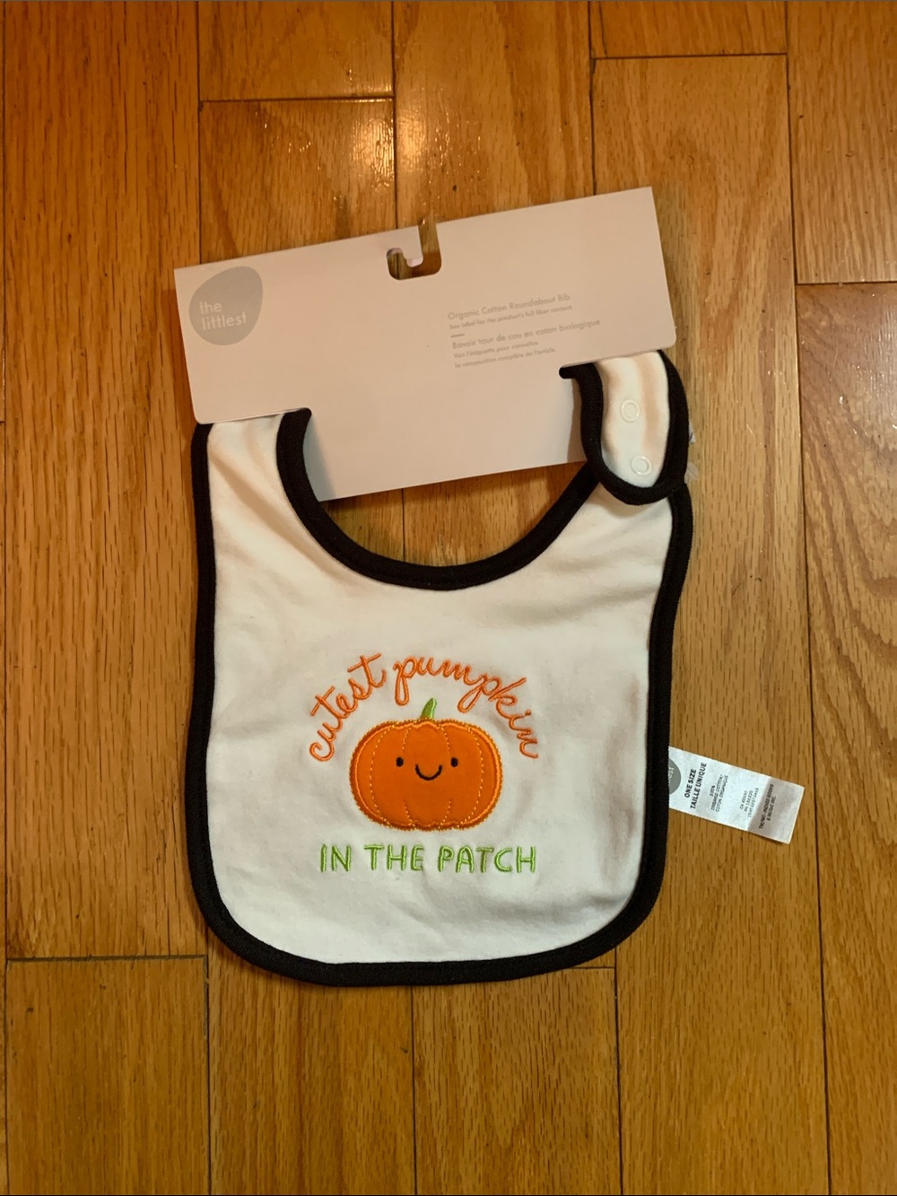 The littlest White Bib with Orange Pumpkin and Black Trim